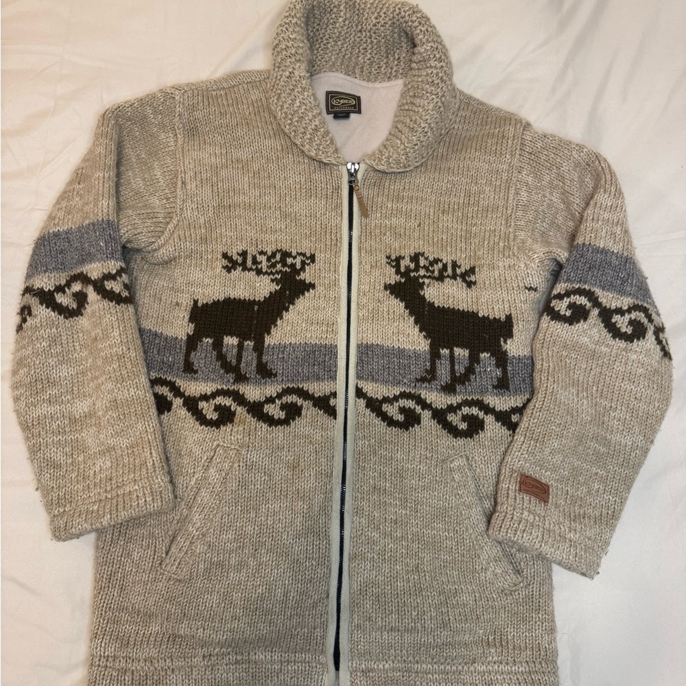 Black and Tan Zip Up Sweater with Nordic Design